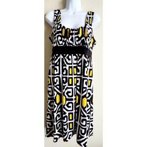 Cato Black White Yellow Geo Print Pleated Bodice A-Line Dress Large Lightweight